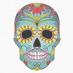 a blue and yellow sugar skull with flowers on it's face, in front of a white background