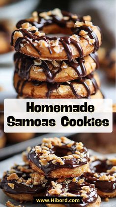 chocolate covered cookies stacked on top of each other with the words homemade samosas cookies above them