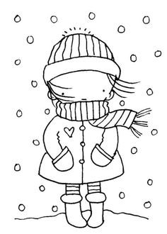 a black and white drawing of a girl in the snow wearing a winter hat, scarf and mittens