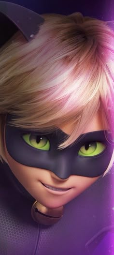 an animated character with green eyes and black cat makeup, wearing a purple mask on top of her head