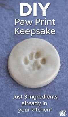 a dog paw print is on top of a blue surface with the words, diy paw print keepsake just 3 ingredients already in your kitchen