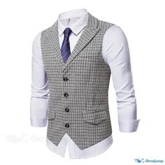 OrcaJump - Single-Breasted Checked Vest with Casual Fit Mens Western Vest, Vest Coats, Mens Dress Vests, Male Suit, Mens Vest Casual, Bangkok Fashion, Double Breasted Waistcoat