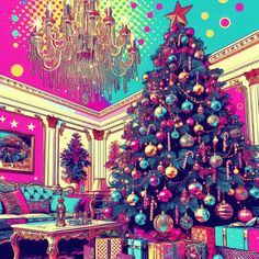 a brightly colored christmas tree in a living room with chandelier and couches