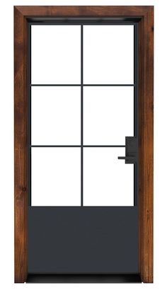 an open wooden door with glass panels