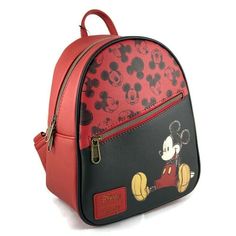 Black Mickey Mouse Backpack, Casual Black Mickey Mouse Backpack, Casual Black Backpack For Disney Trips, Black Mickey Mouse Backpack For Daily Use, Black Mickey Mouse Bag For Back To School, Black Mickey Mouse Backpack For Back To School, Red Disney Backpack, Disney Red Standard Backpack, Black Backpack For Disney Trips And Back To School