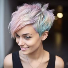 Multicolored Pastel Pixie Cut Pastel Pixie Hair, Camp Hairstyles, Short Pixie Bob Haircuts, Pastel Pixie, Gray Hair Color Ideas, Short Pixie Bob