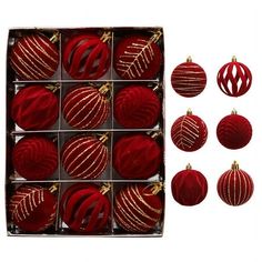 twelve red christmas ornaments in a box