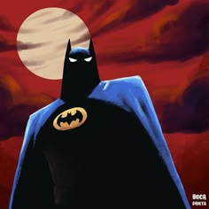 a painting of batman standing in front of a full moon and red sky with clouds