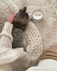 a cat laying on top of a white blanket next to a cup of hot chocolate