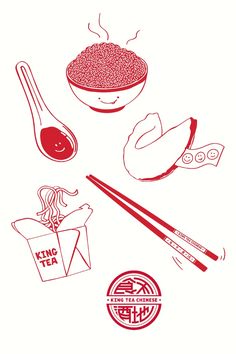 some food and chopsticks on a white background with the words hot dog written in red