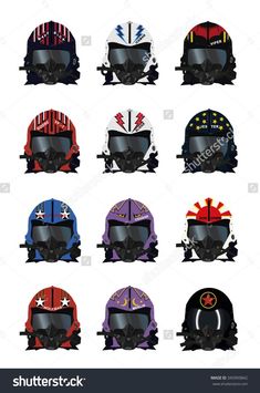 six helmets with different colors and designs on them, all designed in the same style