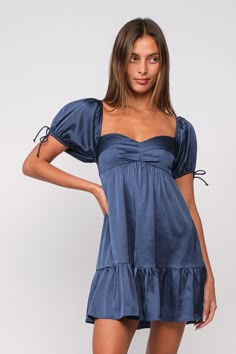 Puff Sleeve Babydoll Dress Navy Blue Dresses Casual, Beachy Cocktail Dress, Navy Blue Flowy Dress, Midnight Outfit Aesthetic, Modest Mini Dresses, Sweethearts Dresses Short, Dark Blue Summer Outfit, Homecoming Dresses Loose, Hoco Dresses With Sleeves