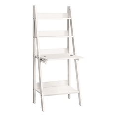 a white ladder shelf with three shelves on each side and two drawers at the bottom