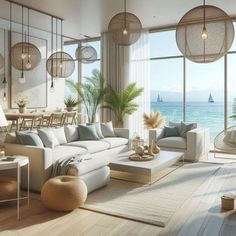 a living room filled with lots of furniture next to a large window overlooking the ocean