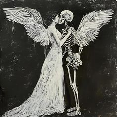 a drawing of a skeleton hugging a woman