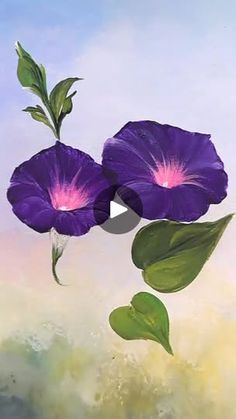 two purple flowers with green leaves floating in the air