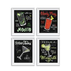 four different types of drinks on black and white framed art prints, each with the names of