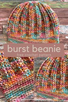 two hats with the text burst beanie free crochet pattern on top and bottom