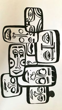 a black and white drawing of many faces