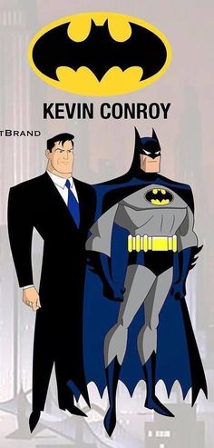 batman and robin wayne are standing next to each other in front of the words kevin conroy