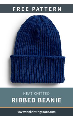 the knitted ribbed beanie is shown with text overlay that reads, free pattern