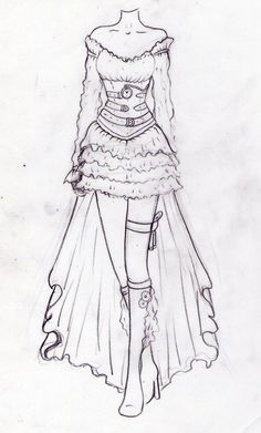 a drawing of a woman in a dress with long hair and boots on her feet