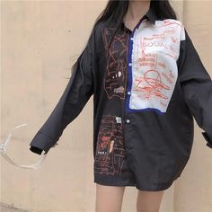 Harajuku Graffiti Blouse - Cosmique Studio | Aesthetic Clothing Rainbow Clothing, Graffiti Clothing, Graffiti Shirt, E Girl Style, Studio Aesthetic, Harajuku Goth, Oversized Plaid Shirts, 80s 90s Fashion, Y2k Aesthetic Fashion