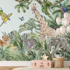 an animal themed wallpaper in a children's room with balloons and jungle animals