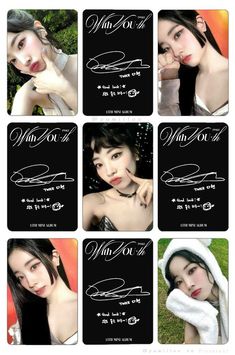 six different pictures of women with black hair and white clothes, one is holding her hand on