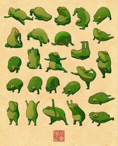 an image of green cartoon animals with different poses and expressions on them, all in various positions