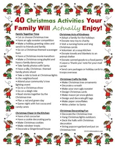 a christmas activity list for kids with santa clause and elves on the front, which includes information about family activities