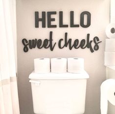 a bathroom with toilet paper on the wall and hello sweet cheeks written on the wall