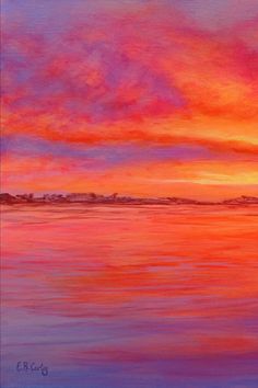 a painting of an orange and pink sunset over the ocean with boats in the distance