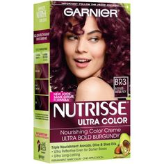 Garnier Nutrisse Ultra Color Nourishing Color Creme, BR3 Intense Burgundy, Red Pelo Color Borgoña, Burgundy Hair Dye, Dark Hair Dye, Garnier Hair Color, Burgundy Hair Color, Cherry Hair Colors, Brunette Bob