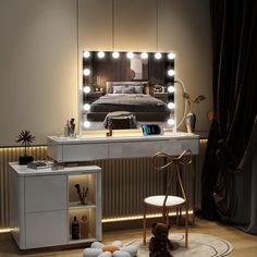 a white vanity with lights on it and a teddy bear