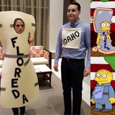 a man standing next to a woman in front of a cartoon character with the word florida on it