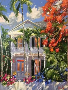 an oil painting of a house with palm trees and flowers in the foreground, on a sunny day