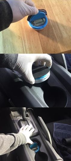 two pictures showing the inside of a car with gloved hands and gloves on it