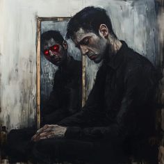 a painting of two men sitting in front of a mirror with their faces painted red