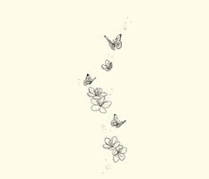 a line drawing of flowers and butterflies flying in the air with water droplets on them