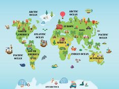 the world map is filled with different types of animals and places that are on it