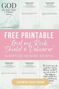 the free printable bible journal is shown in pink and white with an image of mountains