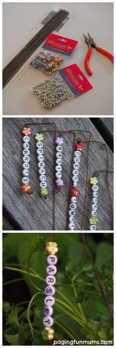 four different pictures showing the process of making beaded bracelets with scissors and thread