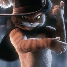 an animated cat wearing a top hat and holding his arm in the air with one hand