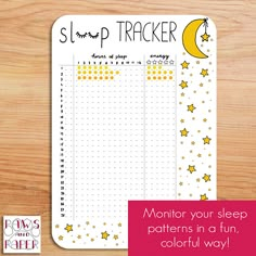 a printable sleep tracker with stars and moon in the sky, on top of a wooden