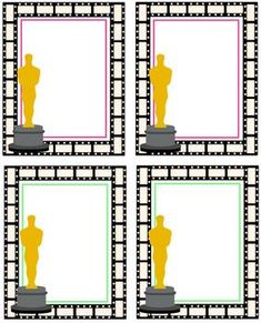 four different pictures with an oscar statue in the middle one is yellow and the other two are green