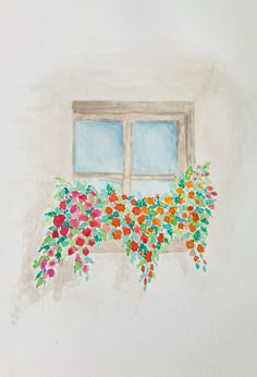 a watercolor painting of a window with flowers on it