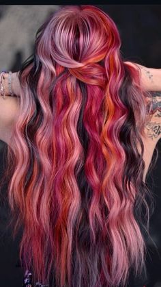 3 Hair Colors Ideas, Peachy Pink Hair, Unique Hair Color, Hair Colors Ideas, Split Dyed Hair, Beautiful Haircuts, Balayage Color, Different Hair Colors, Color Me Beautiful