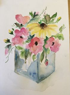 a watercolor painting of flowers in a vase