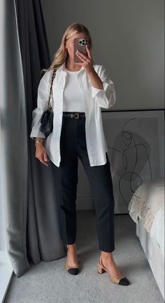 White Button Up Work Outfit, Oversized White Shirt Outfit Work, Silk Button Down Shirt Outfit Work, Office Basics Wardrobe, Easy Corporate Outfits, Business Casual Outfits Pa School, Satin Button Down Shirt Outfit Work, Work Outfits No Jeans, Two Tone Shoes Outfits